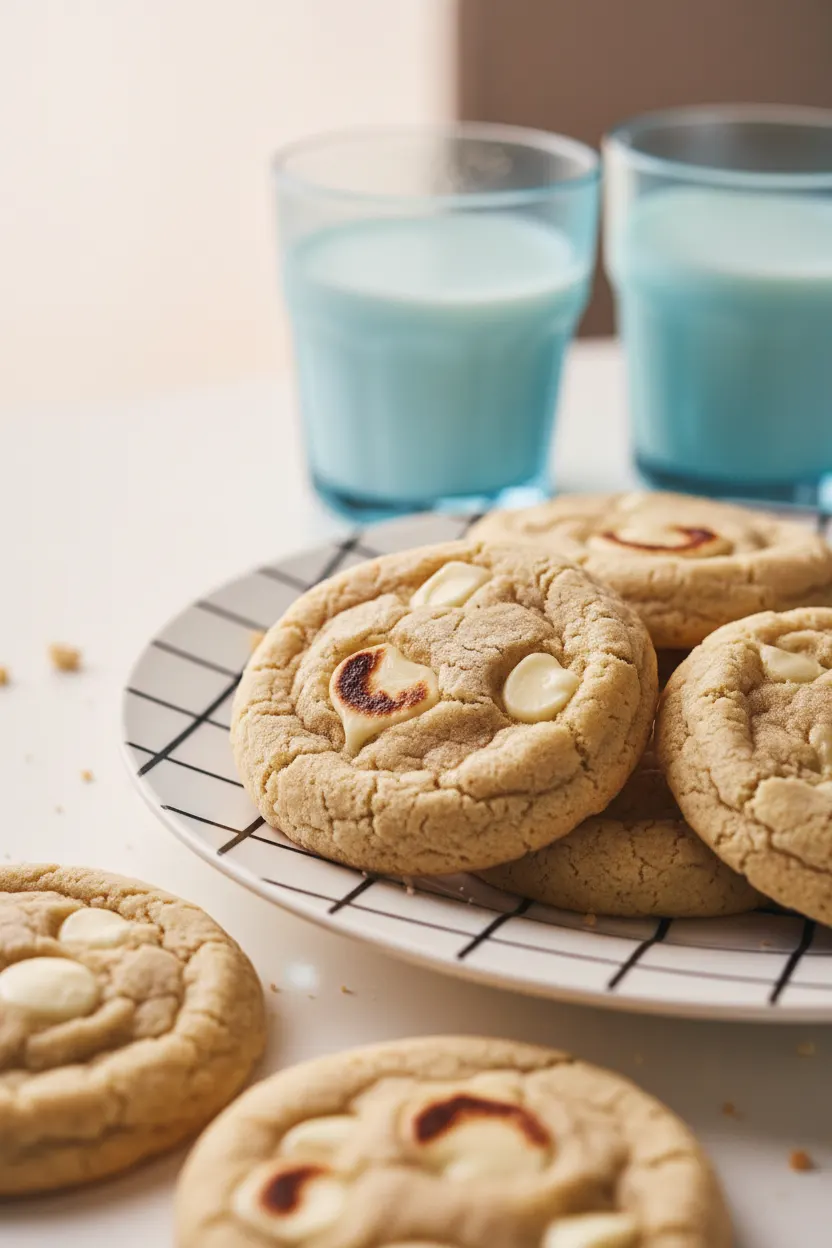 A bright, high-key photograph of white chocolate macadamia cookies clustered on a white plate with a black grid pattern. The cookies are slightly uneven in shape, with visible melted white chocolate and slightly burnt edges. Two light blue glasses, seemingly filled with milk, are blurred in the background.