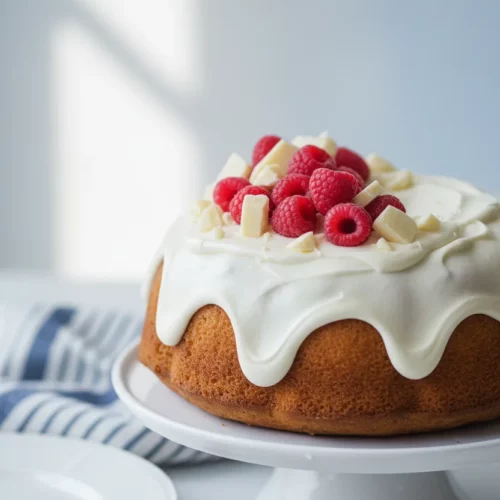 A beautifully decorated White Chocolate Raspberry Bundt Cake, glistening with smooth white frosting and studded with fresh raspberries and white chocolate chunks. The cake is presented on a white cake stand with a gold fork and a blue and white striped napkin in the background.