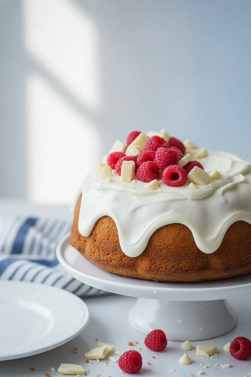 A beautifully decorated White Chocolate Raspberry Bundt Cake, glistening with smooth white frosting and studded with fresh raspberries and white chocolate chunks. The cake is presented on a white cake stand with a gold fork and a blue and white striped napkin in the background.
