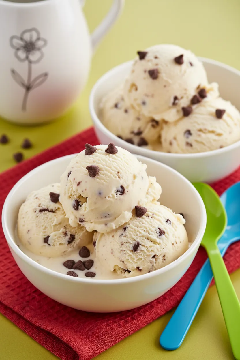 Two scoops of homemade 3-ingredient Nutella ice cream in white bowls, with scattered chocolate chips and a slight sheen of melting. Served with a bright red napkin and colorful plastic spoons.