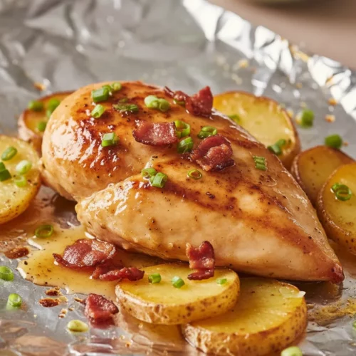 Close-up of delicious BBQ Chicken Foil Packets, showcasing tender chicken breast coated in glistening sauce, alongside perfectly cooked potato slices and crispy bacon bits, garnished with fresh green onions.