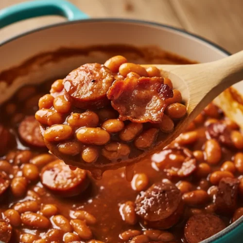 A close-up, rustic editorial photograph of beef sausage baked beans being scooped from a turquoise cast-iron pot with a wooden spoon. The glossy, thick sauce coats plump beans and rendered bacon, with visible slices of cooked sausage.