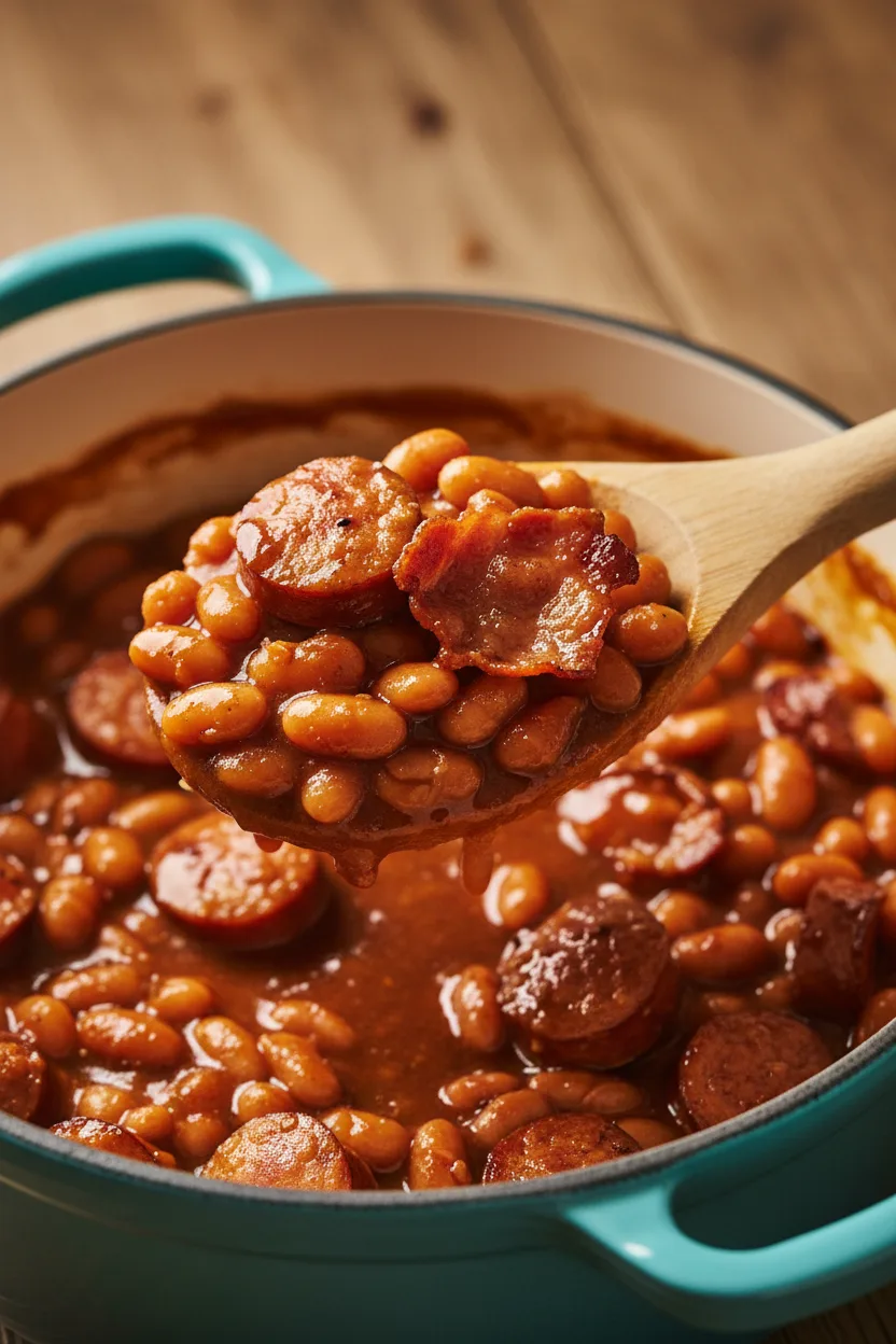 A close-up, rustic editorial photograph of beef sausage baked beans being scooped from a turquoise cast-iron pot with a wooden spoon. The glossy, thick sauce coats plump beans and rendered bacon, with visible slices of cooked sausage.