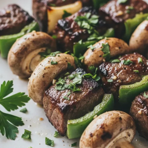 Close-up of delicious beef kebabs with garlic butter, featuring seared steak cubes, mushrooms, and green bell peppers on metallic skewers, garnished with fresh parsley. The grilled kebabs glisten with garlic butter and are arranged on a white plate, highlighting their savory appeal.