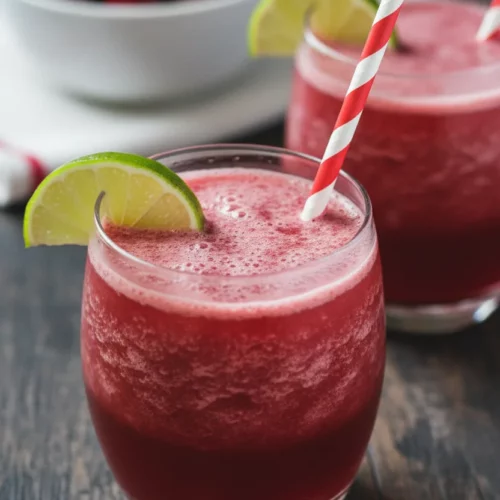 Two glasses of a vibrant cherry limeade slush, finely blended with visible ice crystals, topped with a lime slice and a striped straw. The drinks are set on a dark wooden table with a background bowl of cherries and a linen napkin.