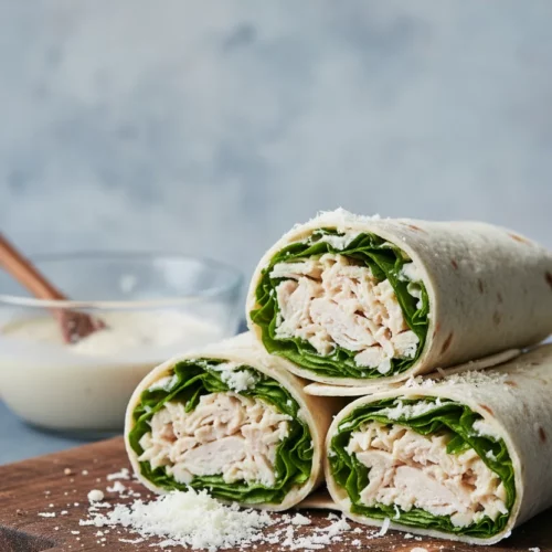 Close-up of a delicious Chicken Caesar Wrap, showcasing shredded chicken, crisp lettuce, and grated cheese piled high on a rustic wooden board. The wrap filling is moist and well-seasoned.