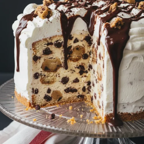 A detailed close-up of a slice of chocolate chip cookie ice cream cake, showcasing layers of smooth ice cream with visible chocolate chips and cookie dough chunks, topped with airy whipped cream and a glossy chocolate drizzle, set against a crumbly cookie crust base.