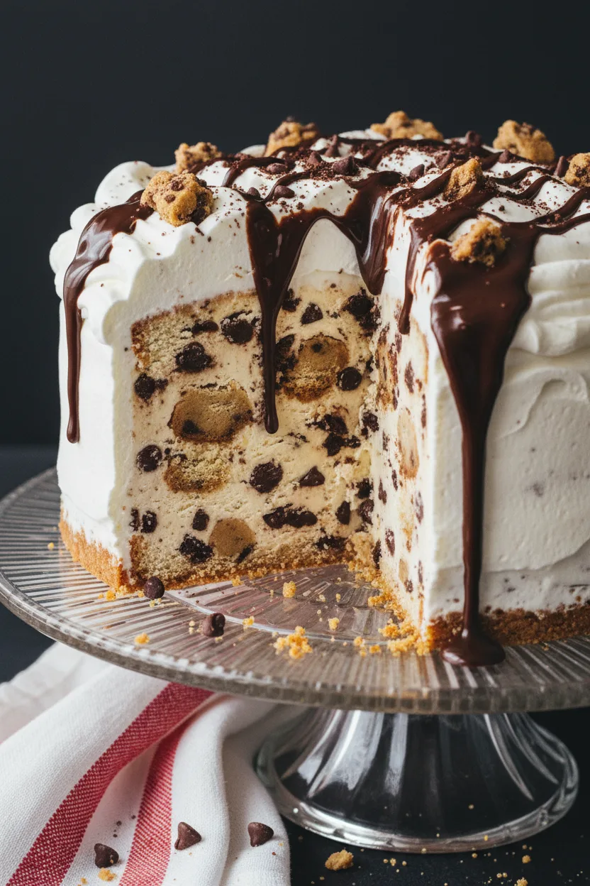 A detailed close-up of a slice of chocolate chip cookie ice cream cake, showcasing layers of smooth ice cream with visible chocolate chips and cookie dough chunks, topped with airy whipped cream and a glossy chocolate drizzle, set against a crumbly cookie crust base.