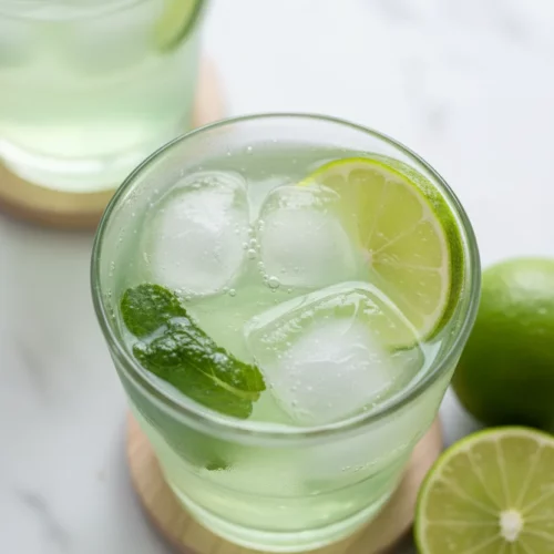 A vibrant, high-key photograph of a refreshing Coconut Water Mocktail in a clear glass, garnished with a lime wedge and mint leaves. Ice cubes are visible within the effervescent liquid, which has a natural green tint. The drink is presented on a light wooden coaster with blurred limes and another mocktail glass in the background.