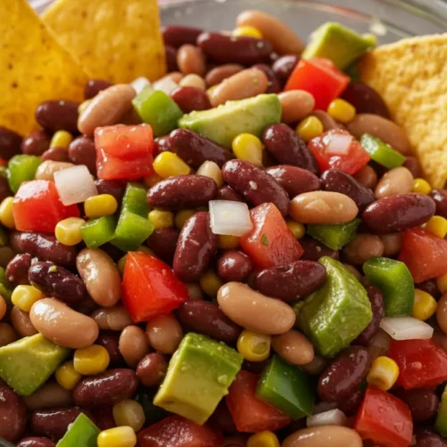 A close-up, slightly high-angle shot of a vibrant Cowboy Caviar (Texas Dip) in a clear glass bowl. The fresh salad features a mix of plump beans, bright red tomatoes, green bell peppers, white onion, yellow corn, and avocado pieces. A red and white checkered napkin is visible to the upper left, and tortilla chips are partially submerged and placed nearby.