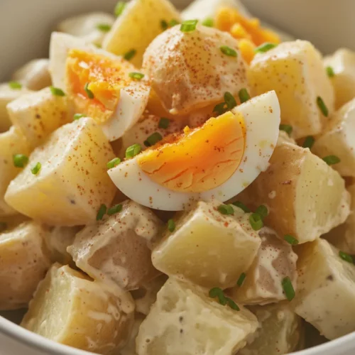 A close-up, editorial-style photo of chunky deviled egg potato salad in a matte white ceramic bowl. The salad features visible chunks of soft potatoes and fluffy, bright yellow egg yolks, coated in a thick, creamy mayonnaise dressing. It's lightly dusted with paprika and scattered with finely chopped chives. The lighting is soft and diffused, originating from the upper left, creating gentle highlights and soft shadows on a subtly grained wooden surface background.