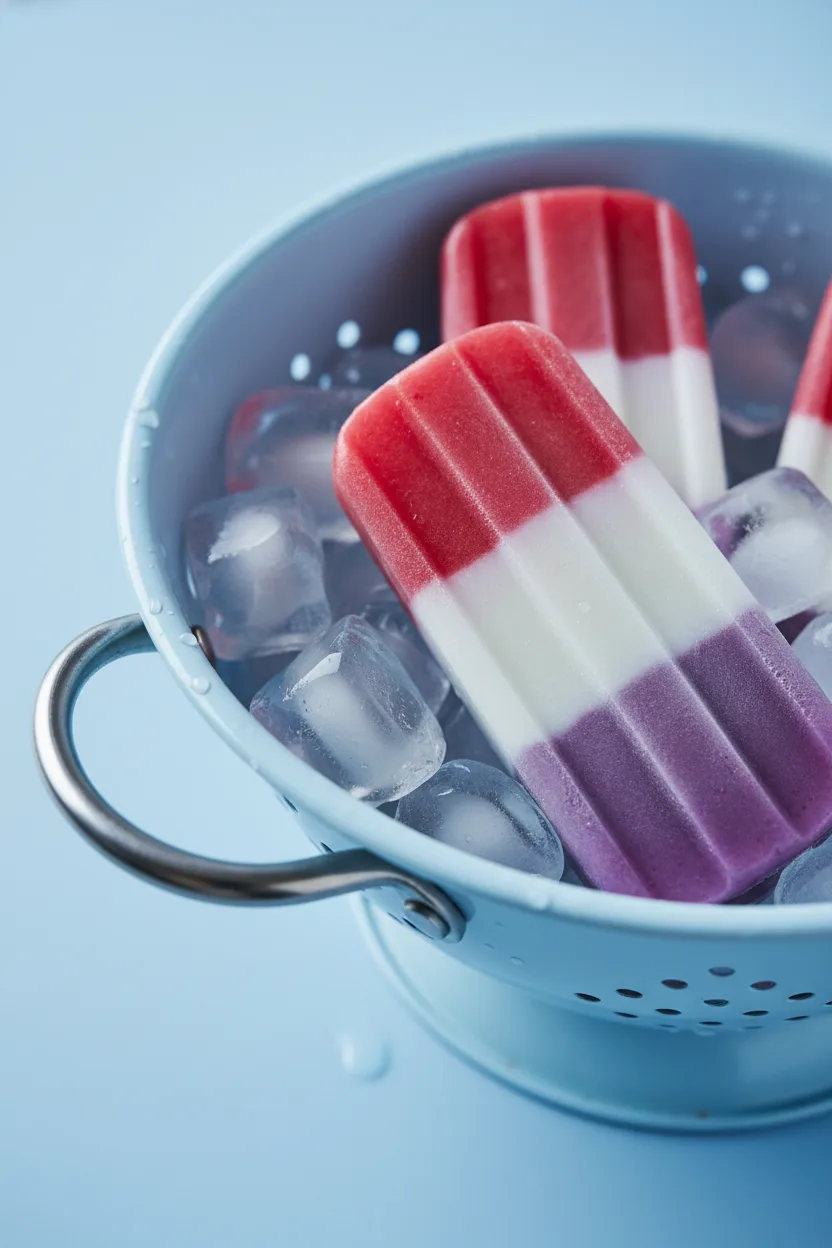 Three red, white, and blue (purple representing blue) firecracker popsicles arranged in a light blue colander filled with ice cubes. The popsicles have a smooth, glossy texture and are frozen solid.