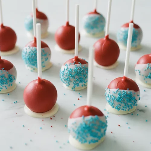 Close-up studio shot of three vibrant Firecracker Strawberry Popsicles, featuring a smooth white coating with red candy melt drips and bright blue sprinkles, arranged artfully on a clean white surface.