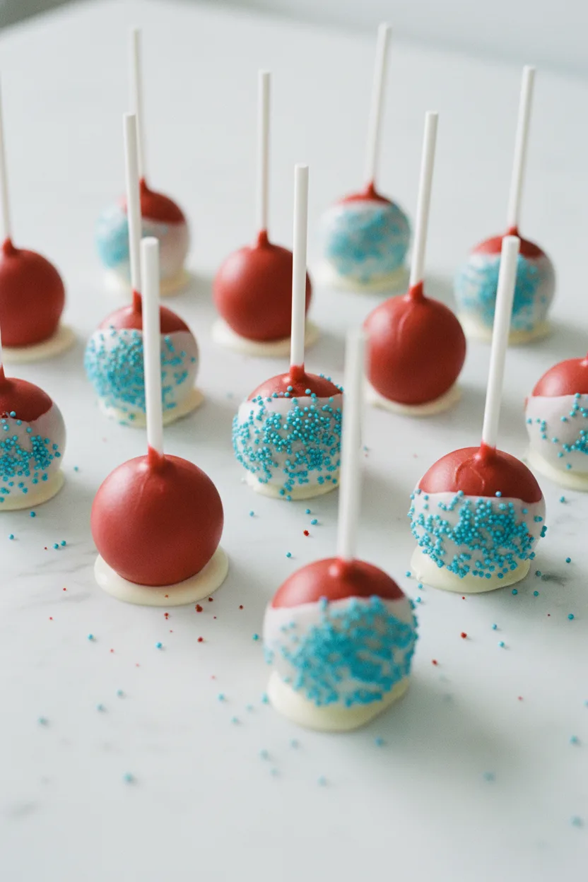 Close-up studio shot of three vibrant Firecracker Strawberry Popsicles, featuring a smooth white coating with red candy melt drips and bright blue sprinkles, arranged artfully on a clean white surface.