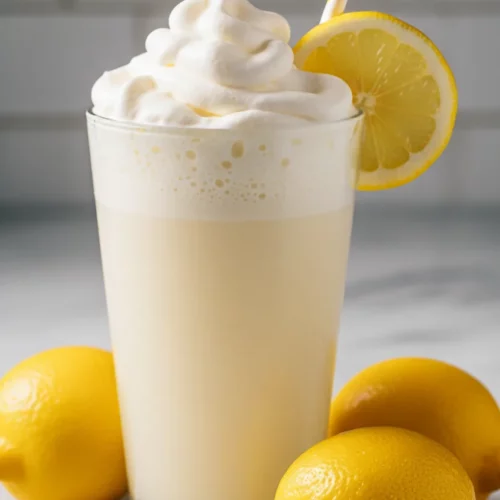 A tall, clear glass filled with frothy Chick-fil-A copycat frozen lemonade, topped with airy whipped cream, a striped straw, and a lemon slice on the rim, with whole lemons and a subtle background.