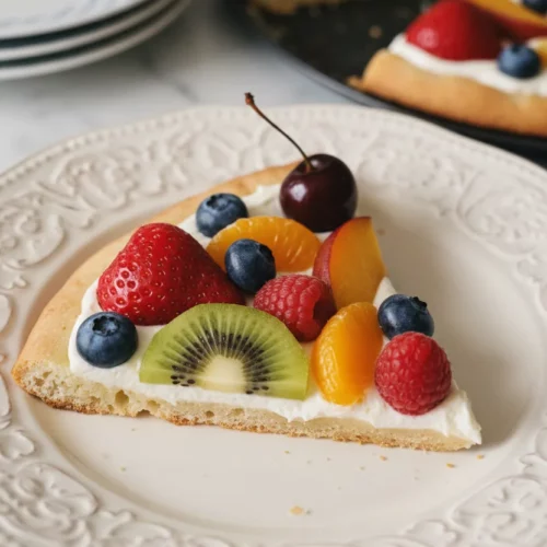 A vibrant slice of fruit pizza on a sugar cookie crust, topped with a smooth cream cheese filling and a colorful arrangement of fresh fruits including strawberries, blueberries, kiwi, mandarin oranges, raspberries, and a dark cherry. The slice is presented on an ornate white ceramic plate with subtle background elements of a full fruit pizza and stacked plates.