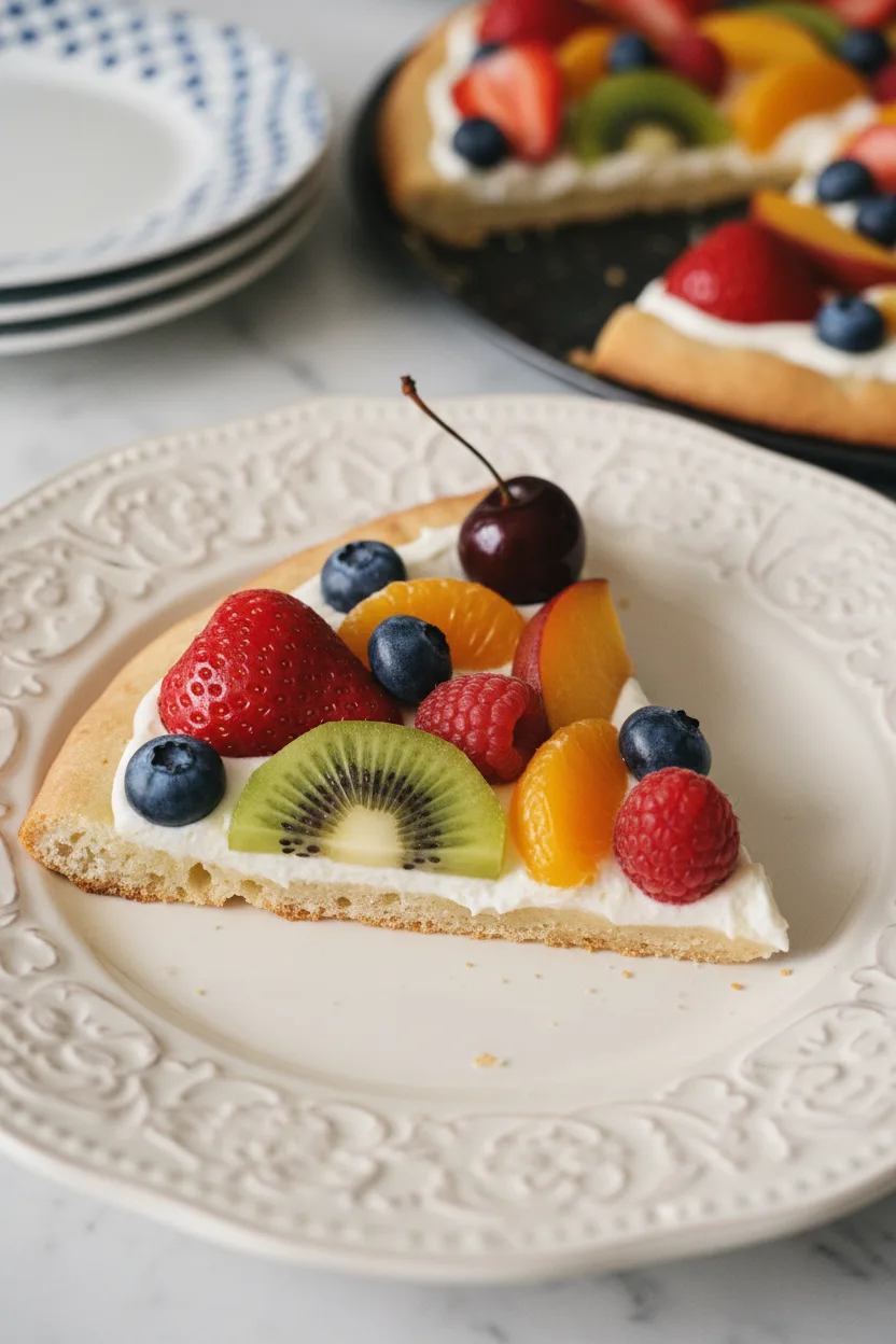 A vibrant slice of fruit pizza on a sugar cookie crust, topped with a smooth cream cheese filling and a colorful arrangement of fresh fruits including strawberries, blueberries, kiwi, mandarin oranges, raspberries, and a dark cherry. The slice is presented on an ornate white ceramic plate with subtle background elements of a full fruit pizza and stacked plates.