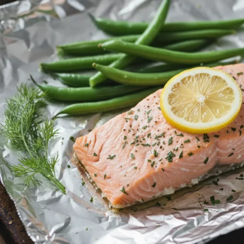Close-up, eye-level shot of perfectly cooked grilled salmon foil packets. The salmon is moist and flaky with a delicate pink hue, topped with a sliver of lemon. Tender green beans are visible within the packet, and fresh dill sprigs are placed to the side. The food is presented on a dark baking sheet, illuminated by soft, diffused light.