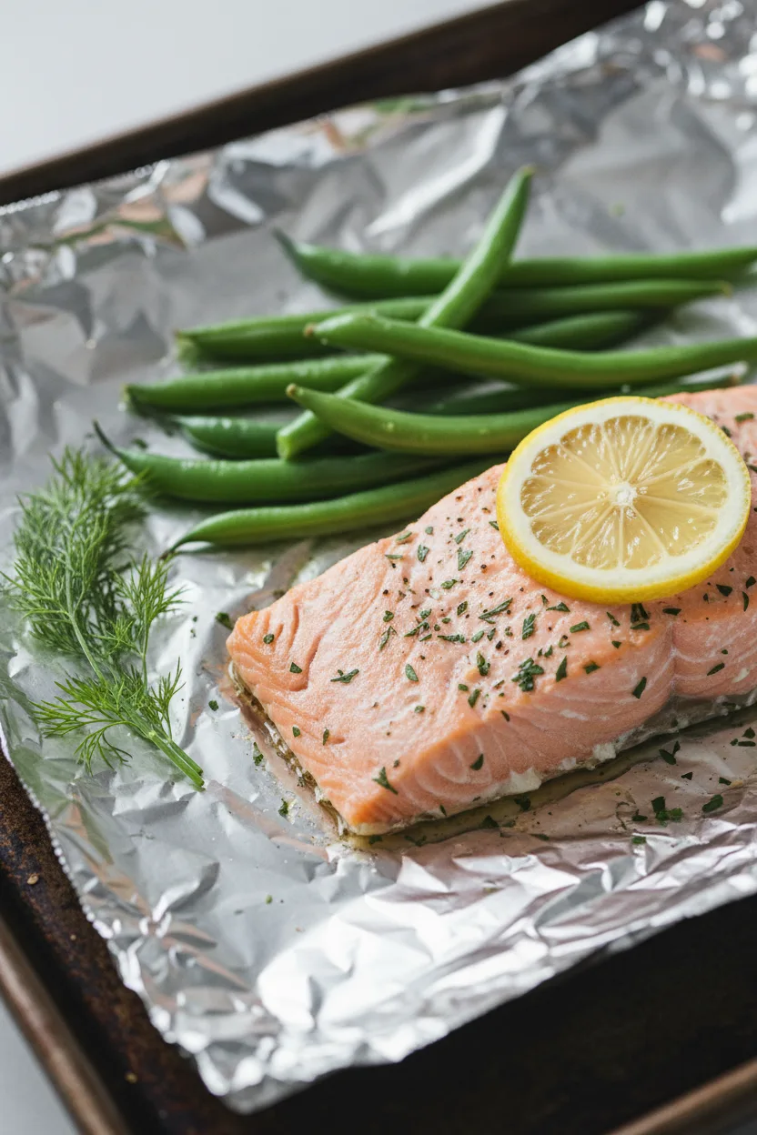 Close-up, eye-level shot of perfectly cooked grilled salmon foil packets. The salmon is moist and flaky with a delicate pink hue, topped with a sliver of lemon. Tender green beans are visible within the packet, and fresh dill sprigs are placed to the side. The food is presented on a dark baking sheet, illuminated by soft, diffused light.