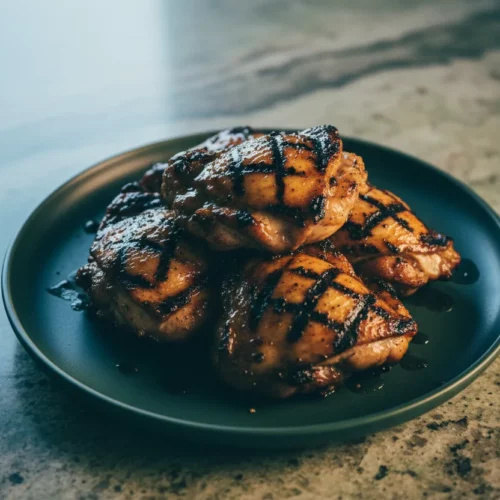 Close-up of glistening grilled teriyaki chicken thighs, showcasing deep char marks and a rich, dark glaze. The texture is porous and juicy, presented on a dark matte green plate.