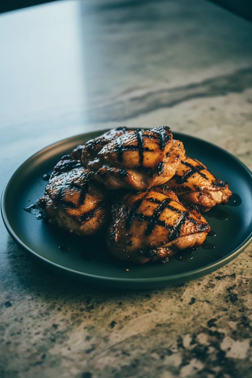 Close-up of glistening grilled teriyaki chicken thighs, showcasing deep char marks and a rich, dark glaze. The texture is porous and juicy, presented on a dark matte green plate.