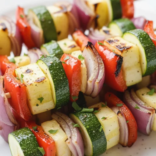 Close-up of vibrant grilled veggie skewers arranged horizontally, showcasing charred red onions, zucchini, and bell peppers glistening with oil. These healthy skewers are presented on a clean white background, emphasizing their fresh, slightly glossy texture and prominent grill marks. Perfect for a barbecue or healthy meal.