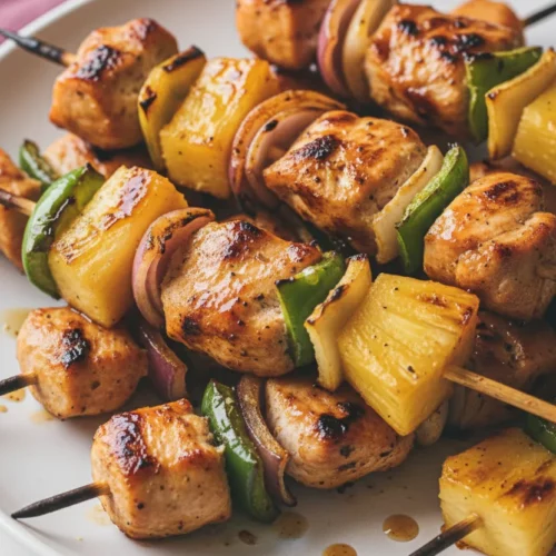 Close-up shot of glistening Hawaiian chicken skewers featuring seared chicken, caramelized pineapple chunks, softened red onions, and grilled green bell peppers, arranged on a white plate with grill marks and a glossy glaze.