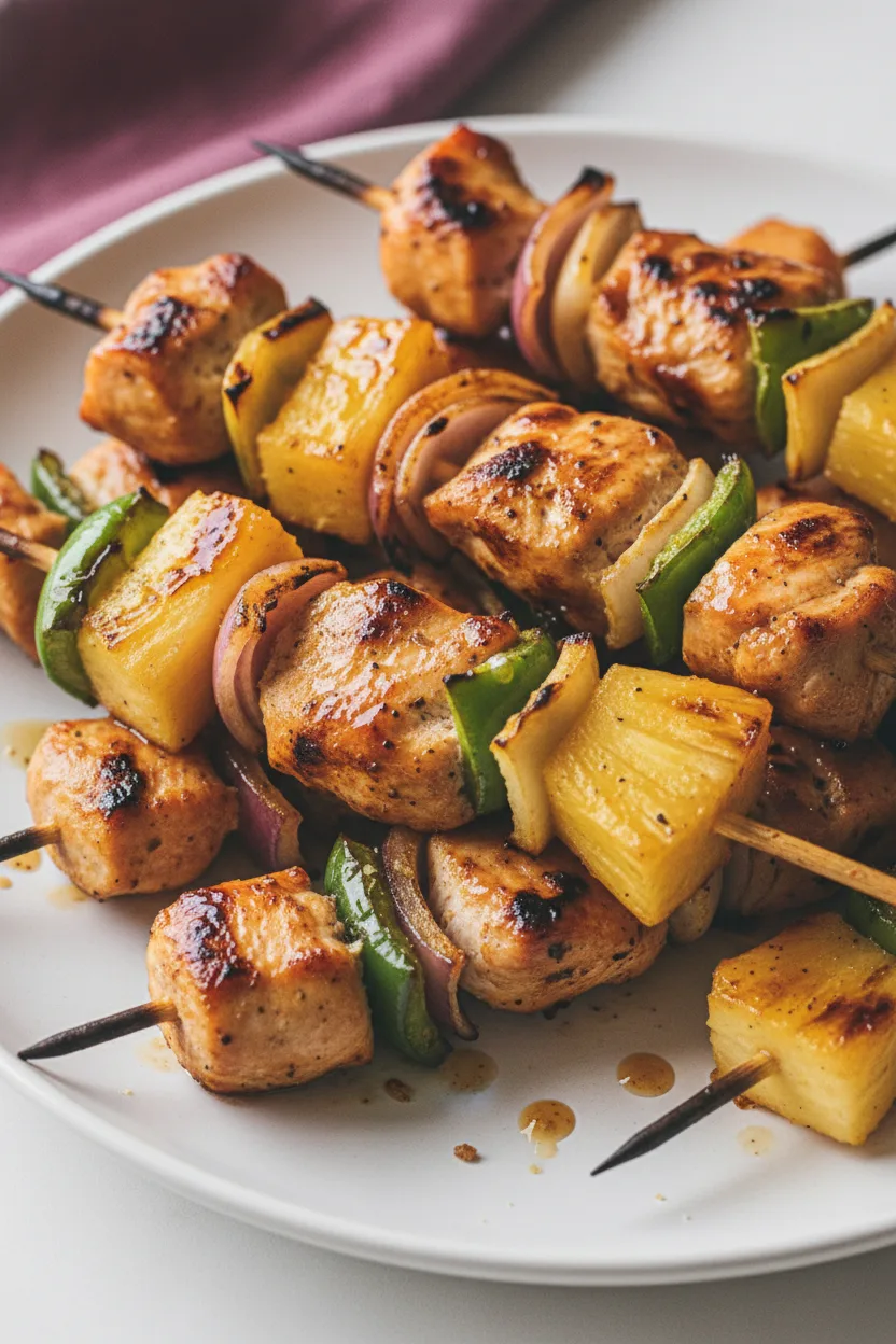 Close-up shot of glistening Hawaiian chicken skewers featuring seared chicken, caramelized pineapple chunks, softened red onions, and grilled green bell peppers, arranged on a white plate with grill marks and a glossy glaze.