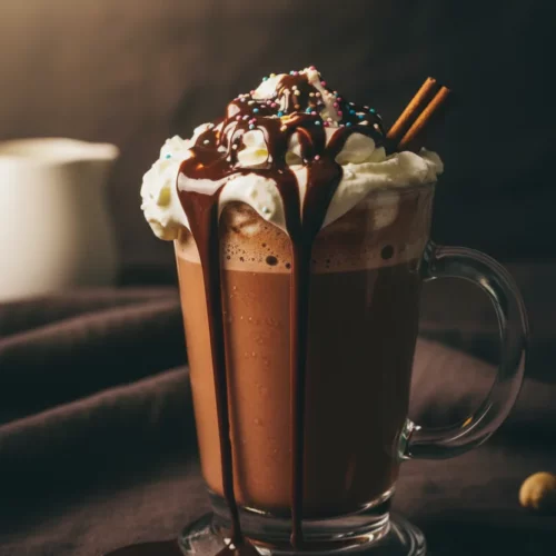 A tall glass of decadent hot chocolate, part of a healthy milkshake concept. It features whipped cream, artfully drizzled dark chocolate syrup with thick drips, scattered sprinkles, and a cinnamon stick. The background is softly blurred, showcasing hazelnuts and a pitcher of milk.