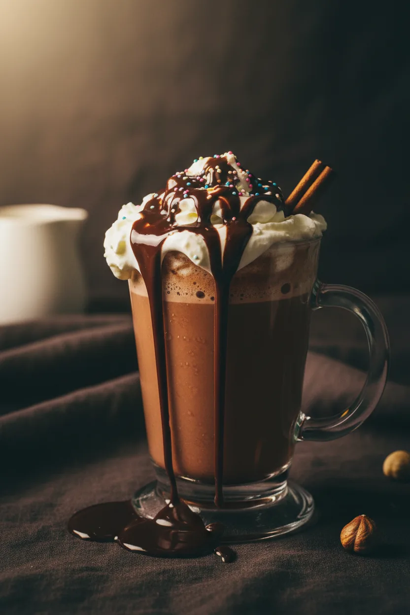 A tall glass of decadent hot chocolate, part of a healthy milkshake concept. It features whipped cream, artfully drizzled dark chocolate syrup with thick drips, scattered sprinkles, and a cinnamon stick. The background is softly blurred, showcasing hazelnuts and a pitcher of milk.