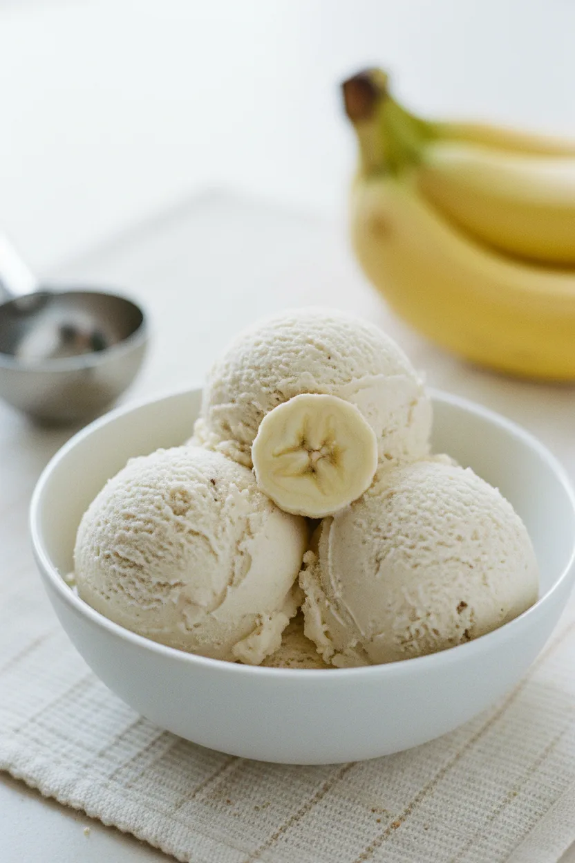 A bright and airy close-up of healthy peanut butter banana ice cream in a white ceramic bowl, featuring slightly textured scoops, a banana slice on top, and a silver ice cream scoop and spoon nearby.