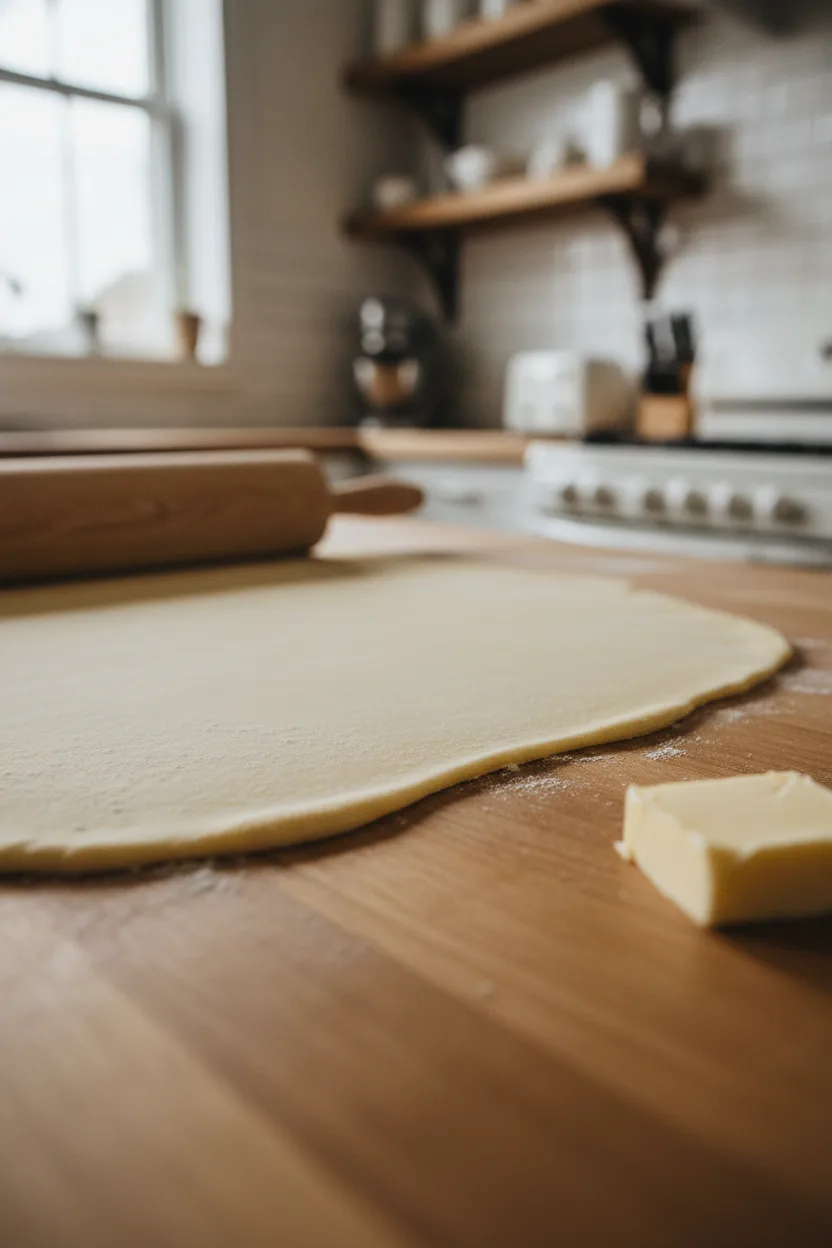 Raw sheet of homemade ice cream sandwich dough, pale yellow and smooth, dusted with flour, with a wooden rolling pin and a slab of butter on a wooden countertop.