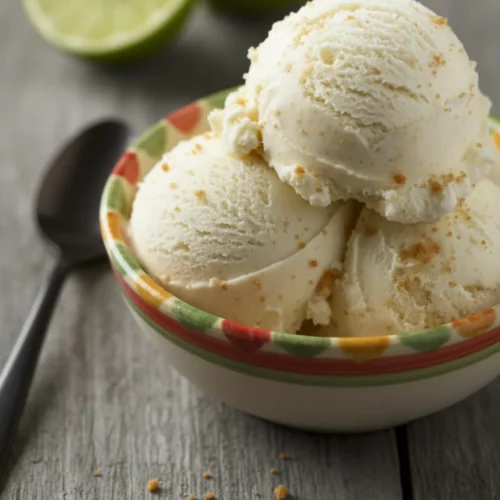 Two generous scoops of pale, creamy Key Lime Pie ice cream textured and piled high in a colorful, patterned bowl, topped with golden graham cracker crumbs, with halved limes and a dark spoon in the blurred background.