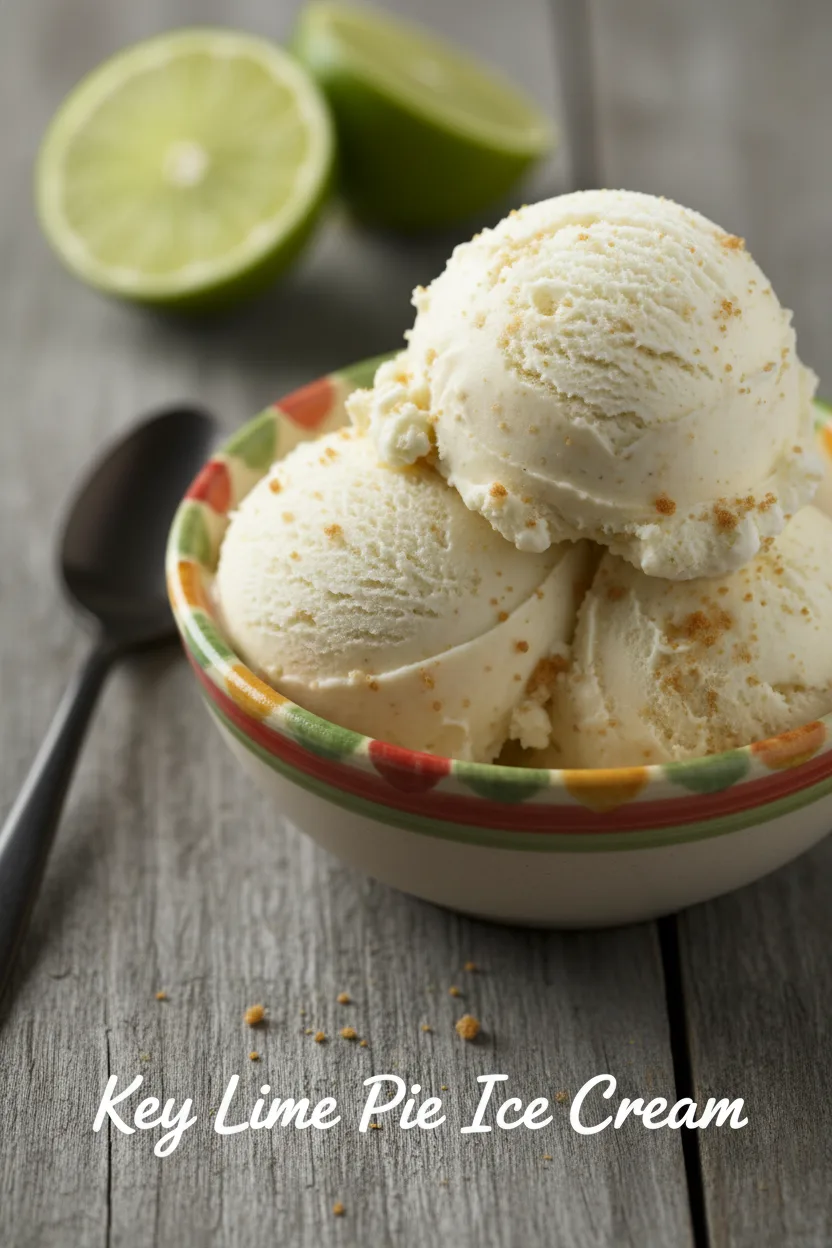 Two generous scoops of pale, creamy Key Lime Pie ice cream textured and piled high in a colorful, patterned bowl, topped with golden graham cracker crumbs, with halved limes and a dark spoon in the blurred background.