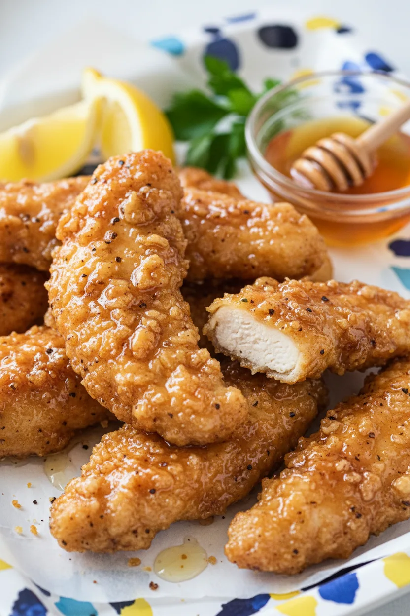 A high-key commercial style photograph of golden-brown, crispy lemon pepper chicken tenders glistening with glaze, arranged artfully in a patterned tray with fresh lemon wedges and parsley sprigs. A small bowl of honey with a dipper is also present.