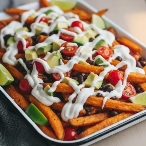 A generous serving of loaded sweet potato fries in a white enamel tray, topped with black beans, cherry tomatoes, avocado, and a creamy white drizzle. Lime wedges are placed on the side.