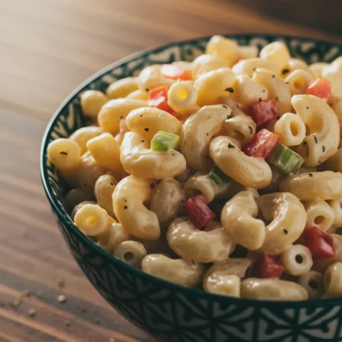A close-up, editorial-style photograph of deli-style macaroni salad in a ceramic bowl. The elbow macaroni is coated in a glossy, opaque creamy dressing, with visible diced red bell pepper and green celery. The salad is served on a dark, textured wooden surface with a silver spoon partially visible, and a shallow depth of field blurs the background.