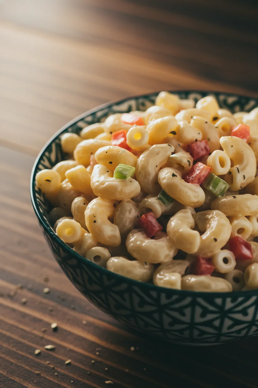 A close-up, editorial-style photograph of deli-style macaroni salad in a ceramic bowl. The elbow macaroni is coated in a glossy, opaque creamy dressing, with visible diced red bell pepper and green celery. The salad is served on a dark, textured wooden surface with a silver spoon partially visible, and a shallow depth of field blurs the background.