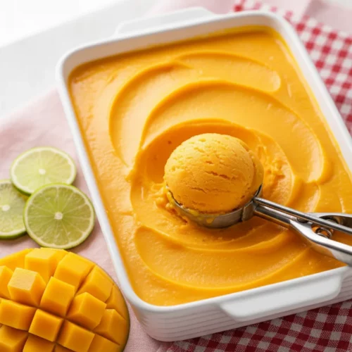 A bright and refreshing close-up of 3-ingredient mango sorbet in a white rectangular dish, with a silver scoop nestled inside. Fresh mango slices and lime wedges are artfully arranged beside it, set against a soft pink and white background.