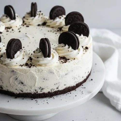 A smooth, dense no-bake Oreo cheesecake topped with whipped cream rosettes, scattered Oreo crumbles, and whole Oreo cookies, presented on a white marble cake stand.