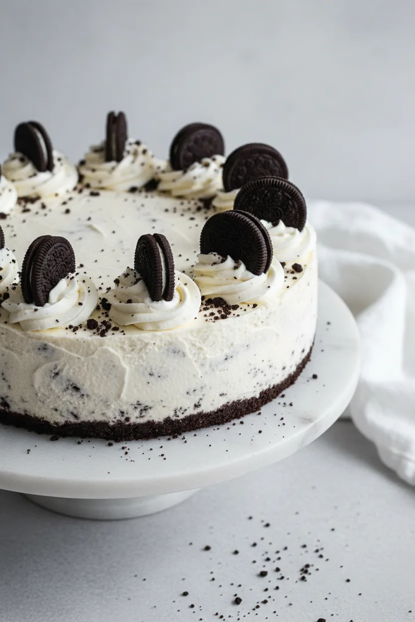 A smooth, dense no-bake Oreo cheesecake topped with whipped cream rosettes, scattered Oreo crumbles, and whole Oreo cookies, presented on a white marble cake stand.