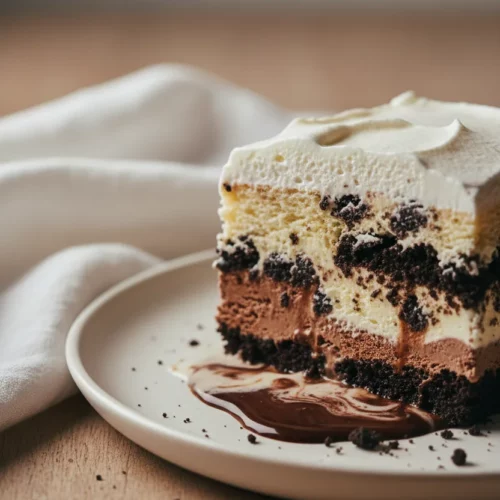 A decadent slice of Oreo ice cream cake featuring layers of chocolate and vanilla ice cream, mixed with crushed Oreos, topped with whipped cream, and drizzled with chocolate syrup. A small pool of syrup drips down the side onto the plate.