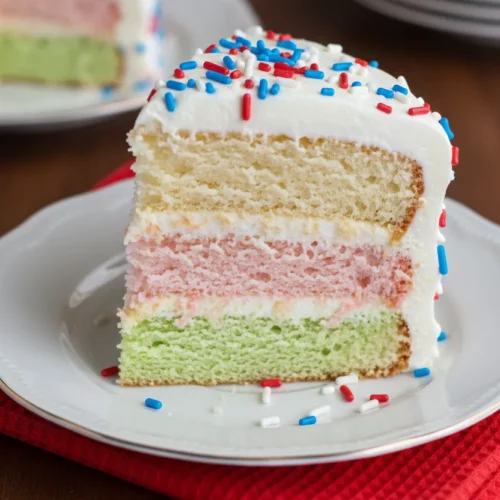 A close-up of a slice of patriotic poke cake, featuring layers of red, white, and blue cake with creamy white frosting generously topped with red, white, and blue sprinkles. The cake slice is presented on a white plate with a gold rim, set against a blurred background of a wooden table.