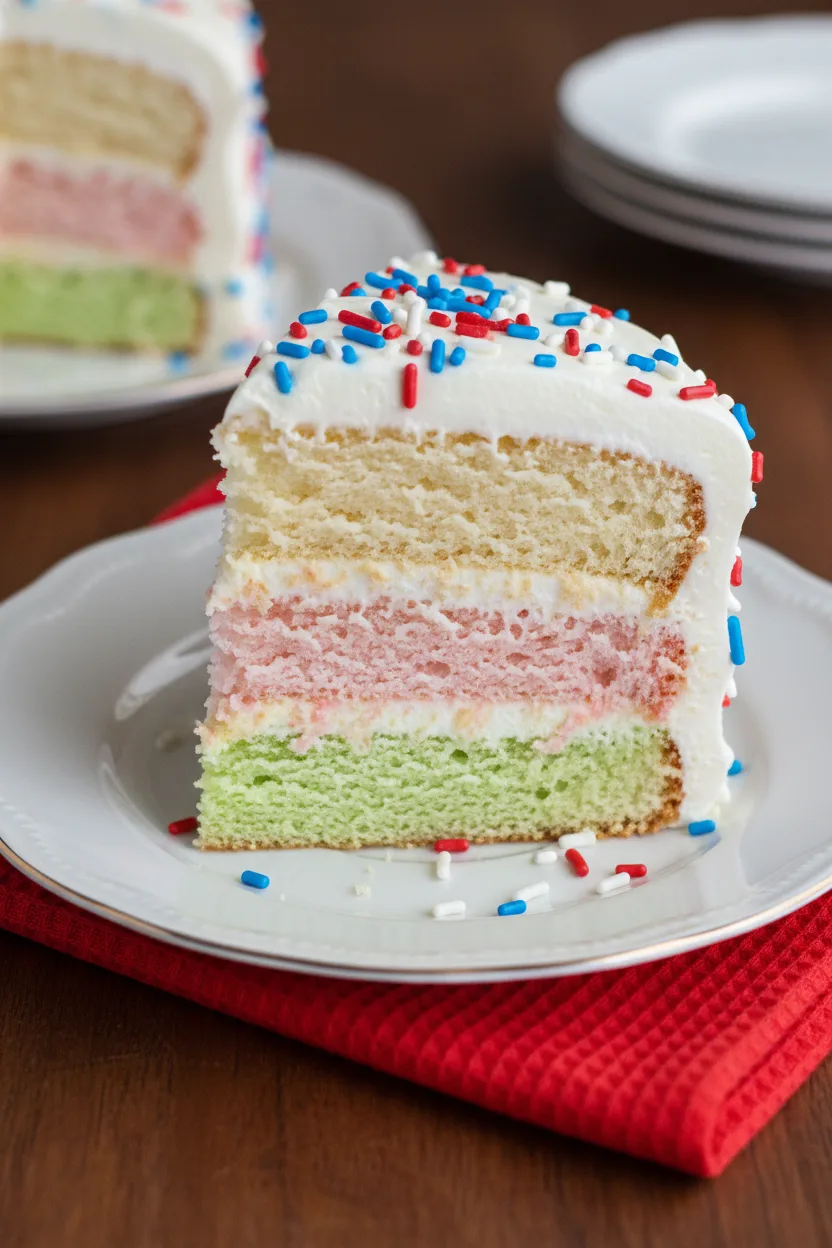 Vibrant Patriotic Poke Cake Slice – A Festive Dessert Delight