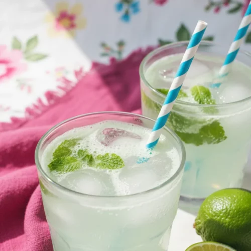 Two glasses of Pineapple Mint Agua Fresca, a vibrant, frothy tropical beverage, garnished with fresh mint leaves and lime slices. The glasses show condensation, and ice cubes are visible, set against a colorful floral background.