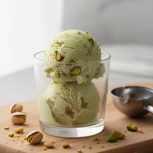 Two scoops of creamy pistachio cheesecake ice cream in a glass tumbler, featuring visible pistachio chunks and cookie pieces, served on a wooden board with scattered pistachios and cookie crumbs. A metal ice cream scoop rests beside the glass.