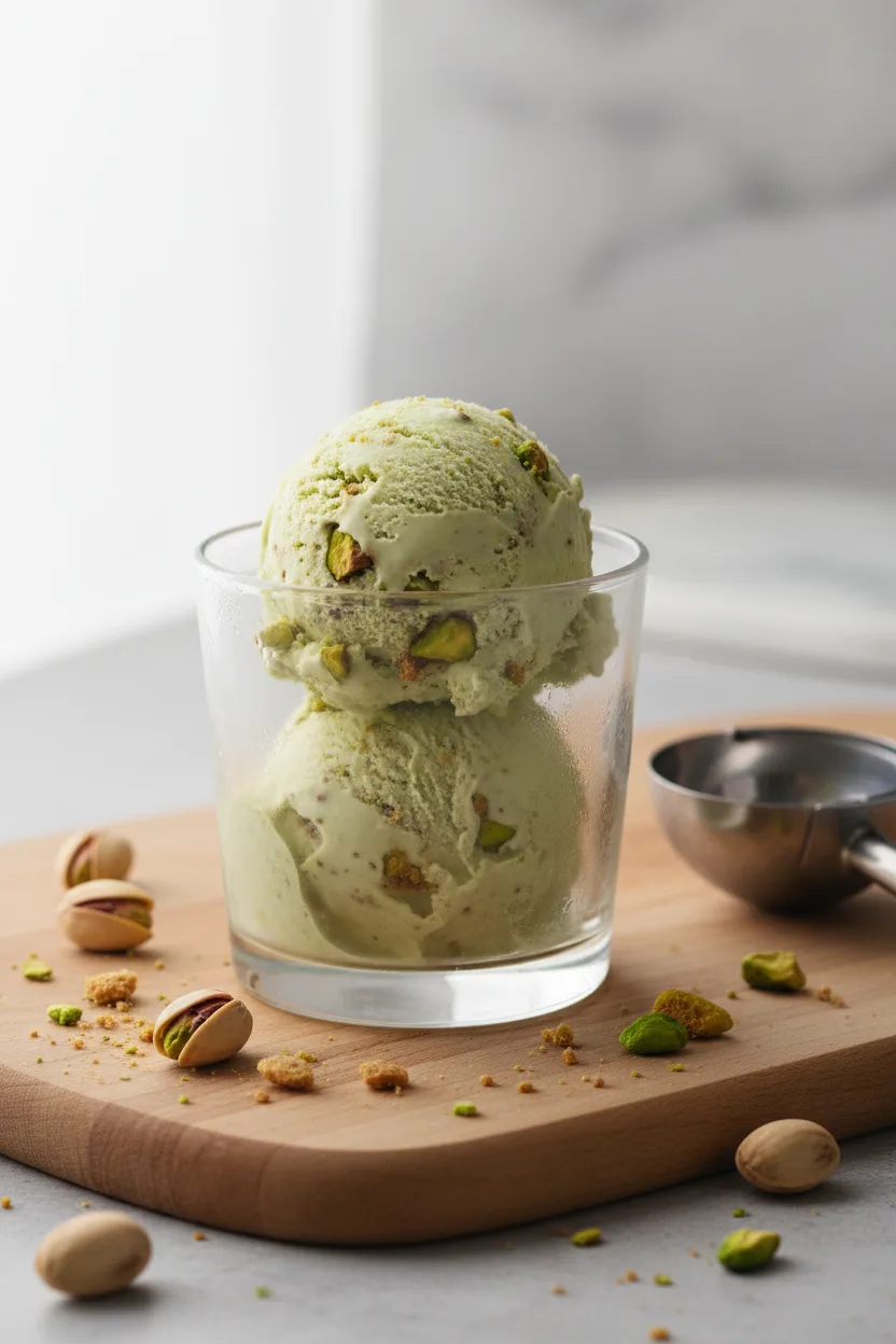 Two scoops of creamy pistachio cheesecake ice cream in a glass tumbler, featuring visible pistachio chunks and cookie pieces, served on a wooden board with scattered pistachios and cookie crumbs. A metal ice cream scoop rests beside the glass.
