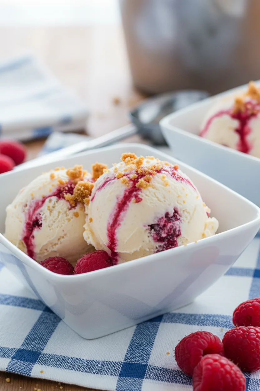 Creamy raspberry swirl cheesecake ice cream scoops in a white bowl, with visible raspberry streaks and cookie crumble. Garnished with fresh raspberries and a hint of a metal scoop.