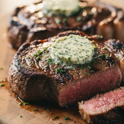 A thick-cut ribeye steak, cooked medium-rare with distinct char marks and glistening fat, topped with herb butter, rests on a rustic wooden cutting board. This editorial food photography shot features warm tones and soft lighting.