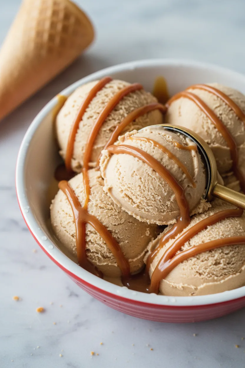 Close-up of a golden salted caramel ice cream scoop being taken with a gold ice cream scoop from a white ceramic dish with a red rim, placed on a marble surface. A waffle ice cream cone is visible in the background. The image showcases the creamy texture of the ice cream and glossy drizzle of salted caramel.